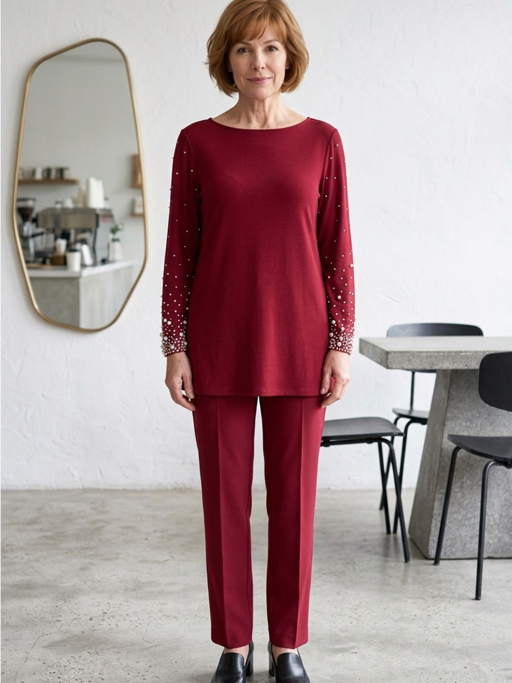 Nicole Miller Wine  Embellished Sleeve Tunic & Pearls on sleeve
